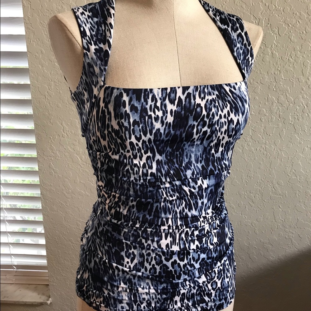 Cache top blue animal print Size XS, stretch.